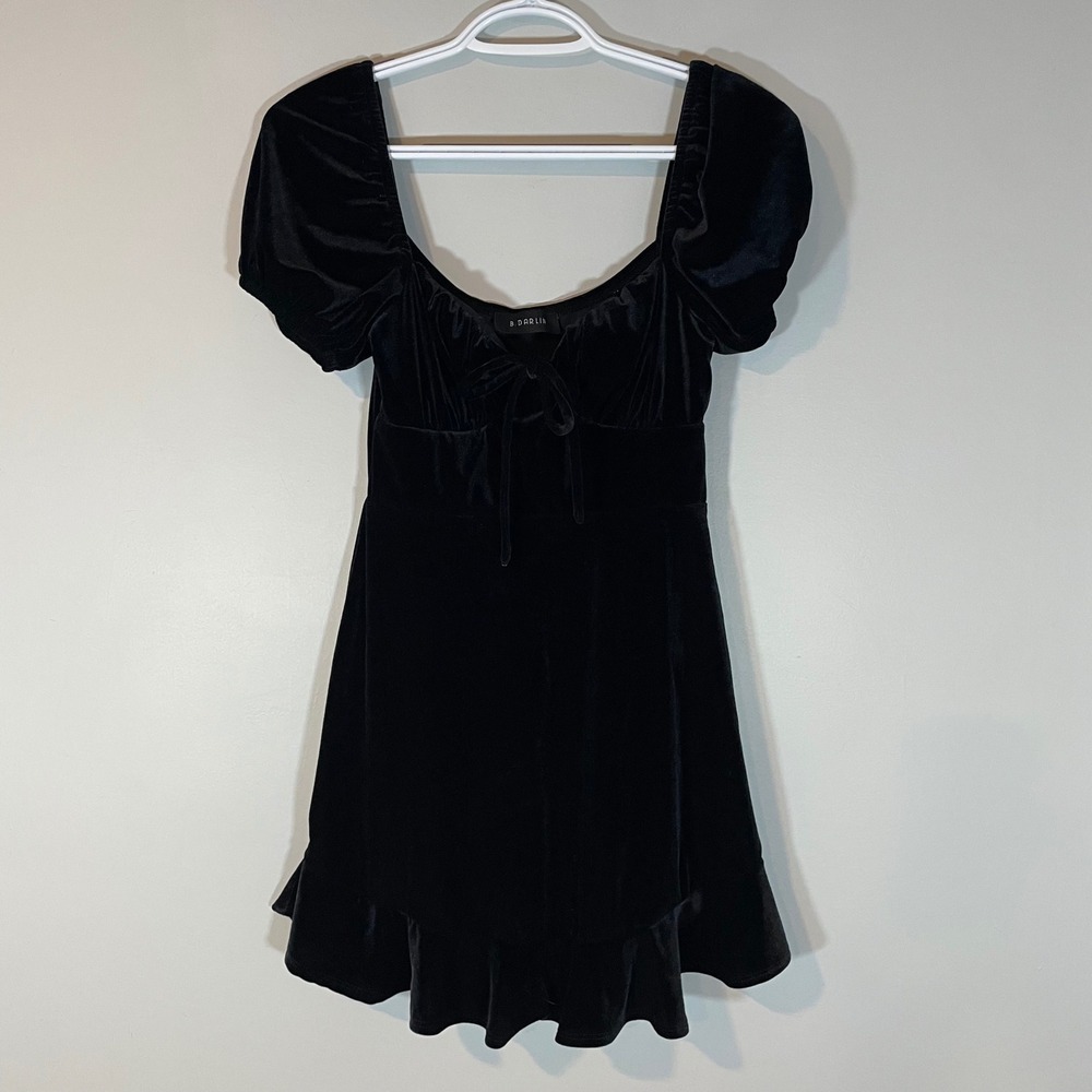 B. Darlin Black Velvet Puff Sleeve Ruffle Hem Mini Dress S Babydoll Whimsigoth